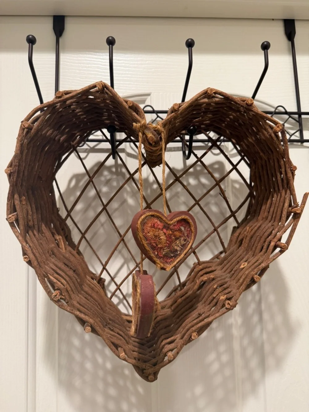 Woven Heart Wall Basket with Hanging Hearts grandmacore grannycore heart shelf
